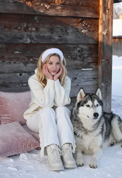 Young blonde woman in white knit sweater sitting in snow next to