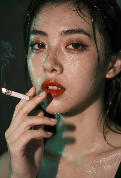 Close up portrait of woman with wet skin and cigarette