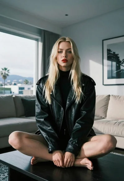 Blonde woman sitting on coffee table in modern living room setting