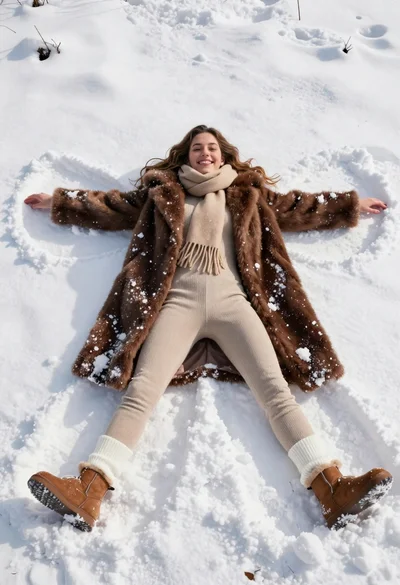 Smiling young woman making a snow angel in a sunlit field