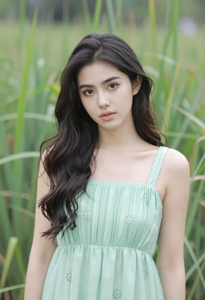 Portrait of young woman in light green dress against soft green bokeh