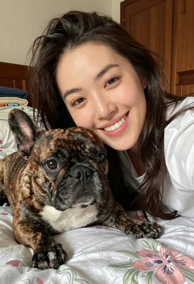 Close up selfie of smiling woman and brindle french bulldog in bedroom