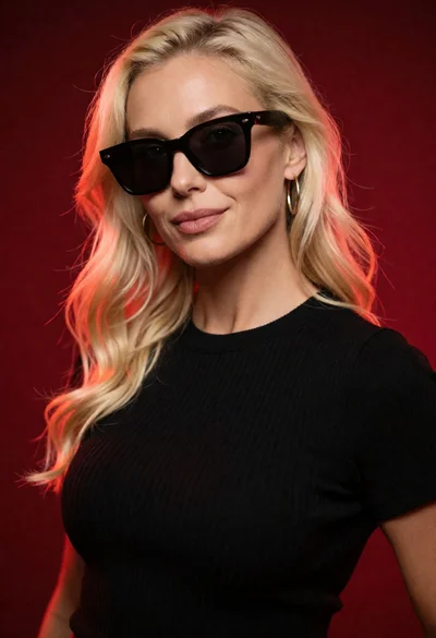 Medium close up portrait of blonde woman in black top against deep