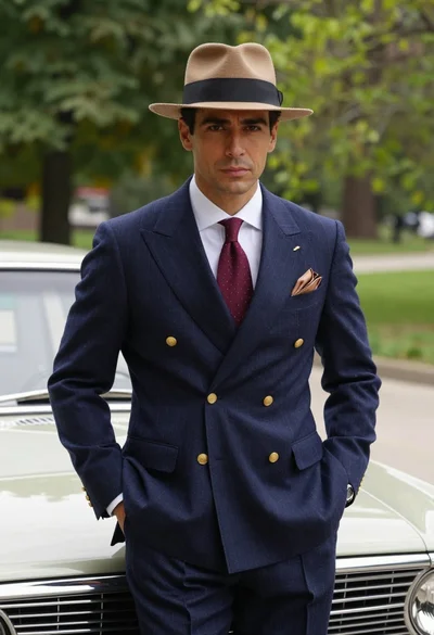 Confident man in vintage suit leaning on classic car in lush park