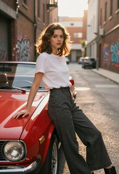 Young woman in white tshirt leaning against vintage red convertible car