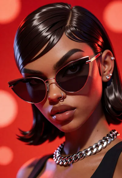 Close up portrait of woman with dark skin wearing cat eye sunglasses