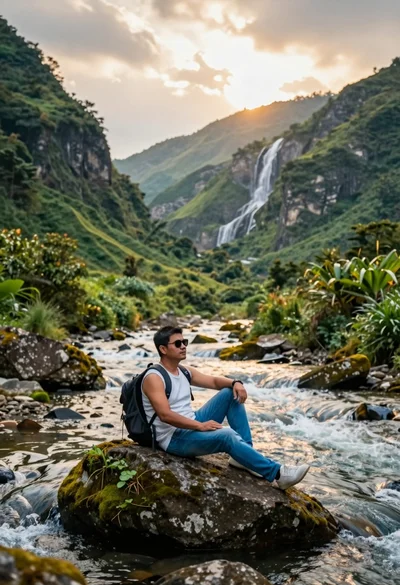Man sitting on mossy rock in lush river valley with distant waterfalls