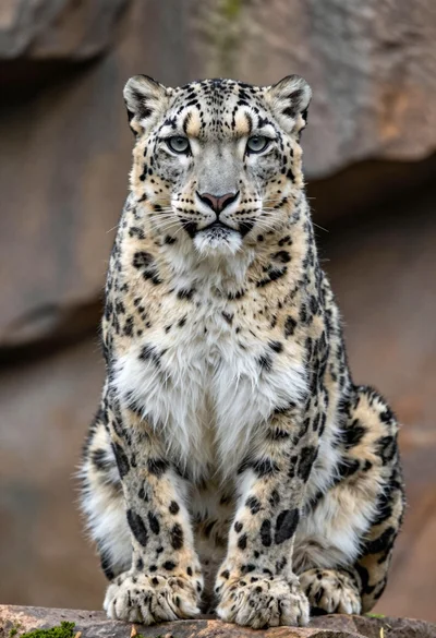 Close up portrait of majestic snow leopard on mossy rock surface