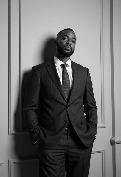 Black man in pinstripe suit leaning against wall indoors medium shot