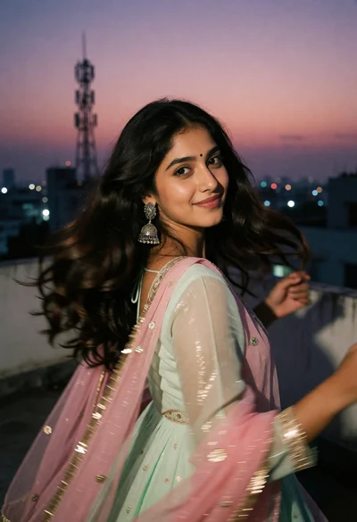 Young woman in pastel green traditional outfit on urban rooftop at dusk