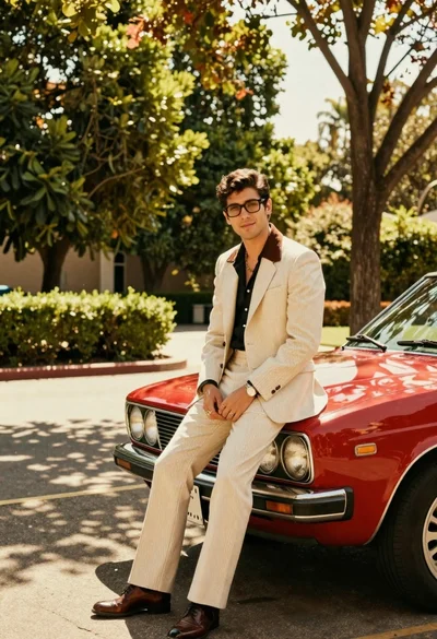 Man in suit sitting on classic red car outdoors