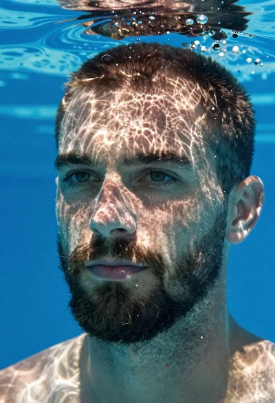 Underwater portrait of man submerged in blue water
