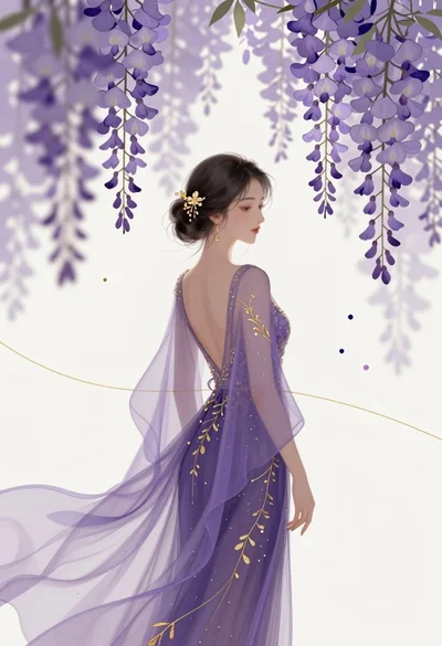 Graceful woman in purple gown under wisteria flowers ethereal portrait