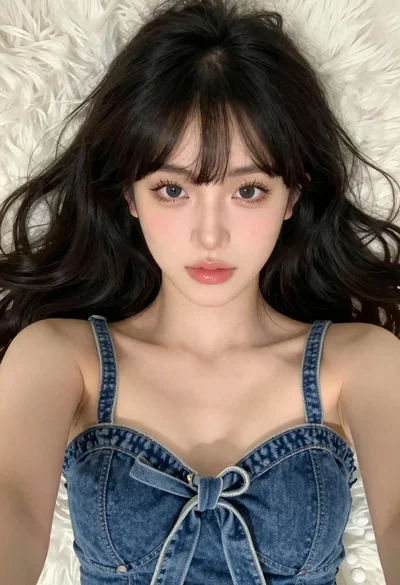 Close up selfie of young woman with black wavy hair on white