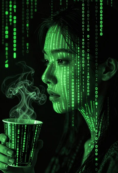 Close up profile portrait face made of glowing green digital characters