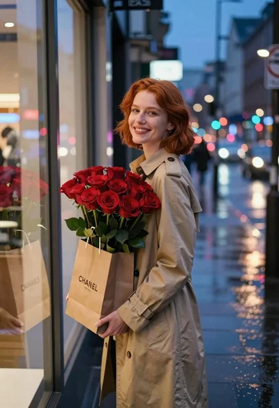 Smiling woman with red hair leaning on storefront at wet city night