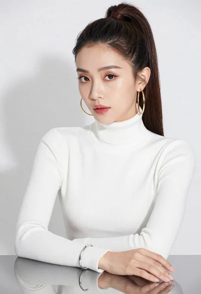 Studio portrait of asian woman in white turtleneck sweater