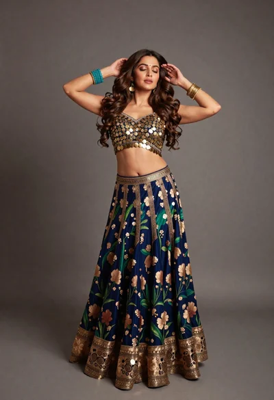 Full body portrait of woman in embellished lehenga choli studio setting
