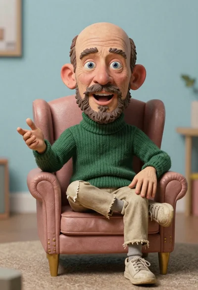 Hyperrealistic caricature sculpture of a man sitting