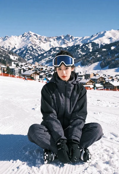 Young woman in charcoal ski suit sitting in deep snow mountains
