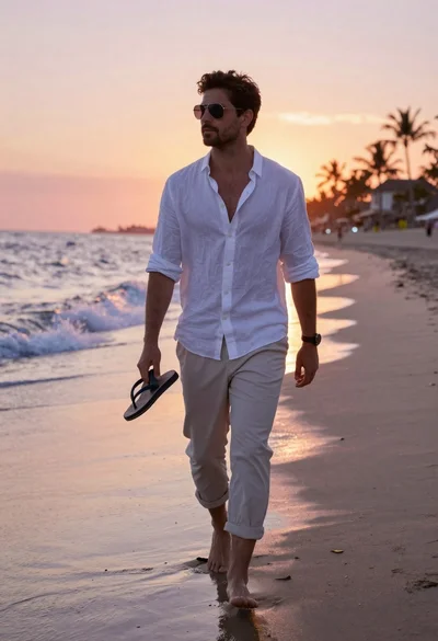 Stylish man walking on wet beach sand at sunset
