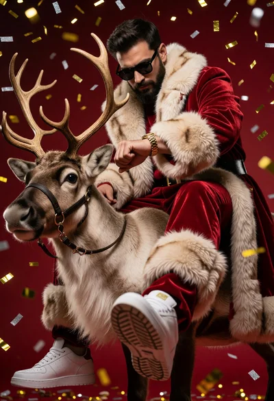 Man in red velvet santa suit sitting atop reindeer with falling confetti