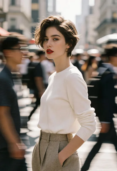 Sharp portrait of young woman in white sweater on busy city street