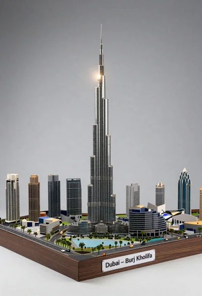 Detailed architectural model of dubai skyline with skyscraper and tiny cars