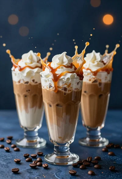 Three tall glasses of iced coffee with whipped cream and caramel drizzle