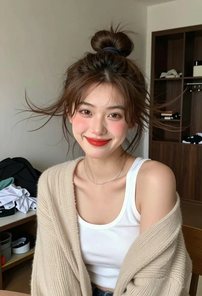 Young woman with brown hair in beige cardigan smiling indoors at camera