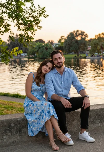 Young couple sitting together on a concrete ledge by a calm lake