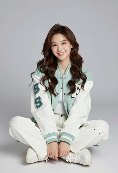 Young woman with brown hair wearing varsity jacket sitting in studio