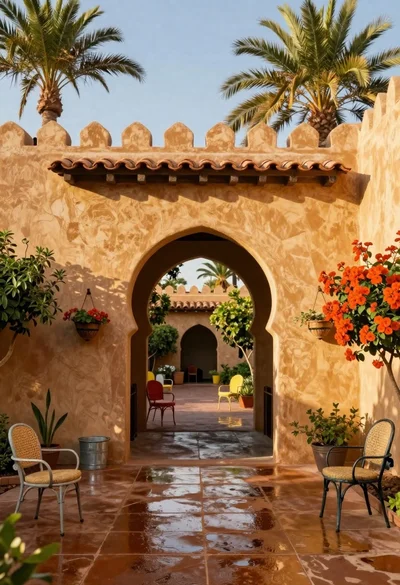 Sun drenched courtyard entrance with adobe walls and terracotta roof tiles