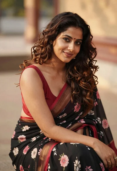 Young woman in black saree with floral motifs seated outdoors softly smiling