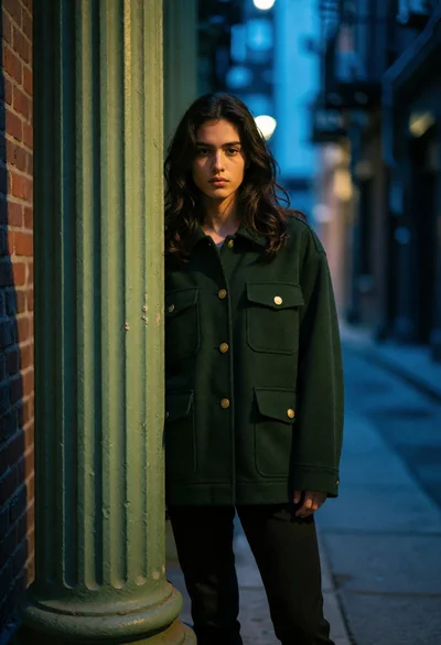 Young person leaning against green fluted column in blue lit urban alleyway