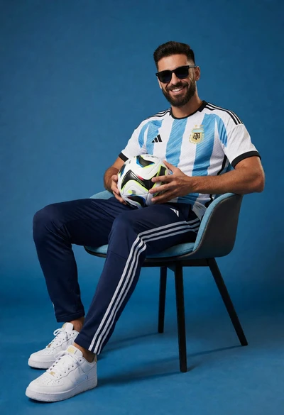 Man in argentina jersey sitting on modern chair holding soccer ball against