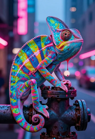 Vivid chameleon on dark pipe in neon lit futuristic city street