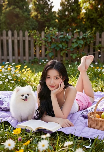 Young woman with black hair and white top relaxing in sunlit garden