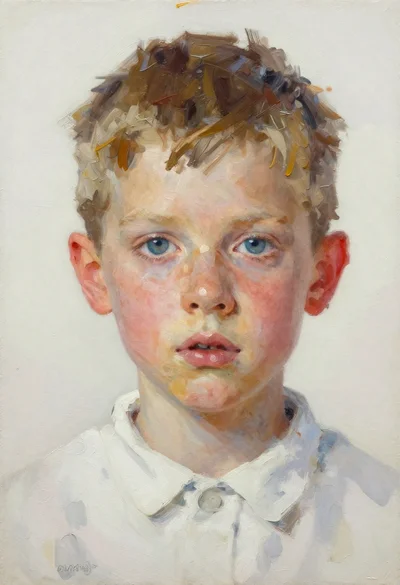 Impasto oil portrait of young boy with blue eyes