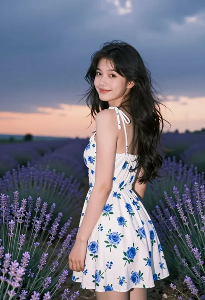 Young woman in white floral dress looking back over shoulder in lavender