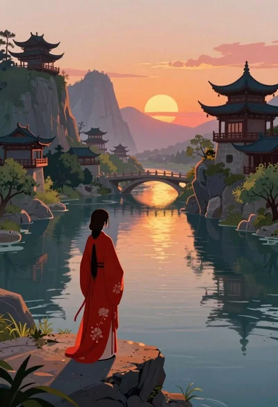 Woman in red robes overlooking pagodas at sunset
