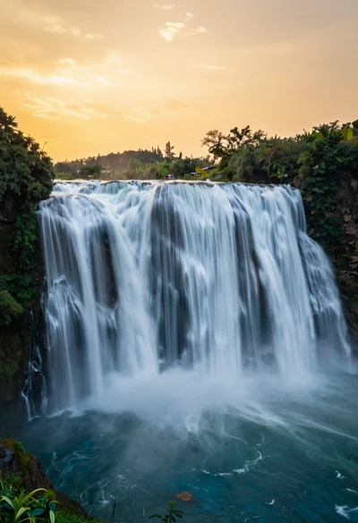 Majestic wide waterfall cascading over a rocky cliff into deep blue pool