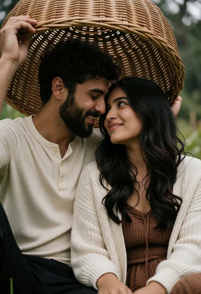 Intimate couple under woven basket in soft diffused rain light