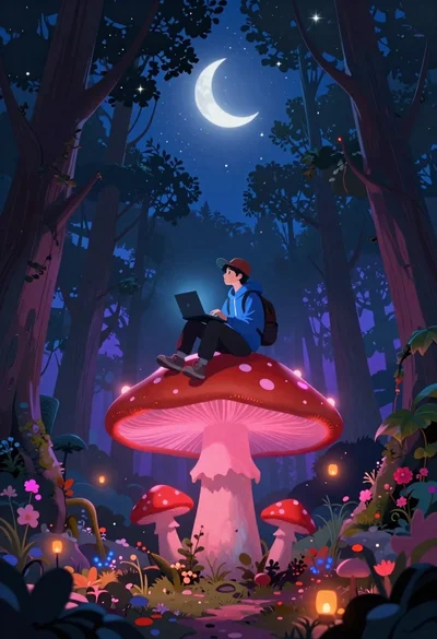 Man on mushroom in magical forest at night