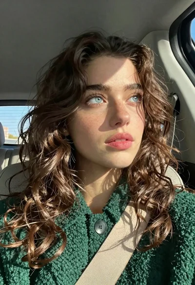 Close up portrait of young woman with brown hair in car