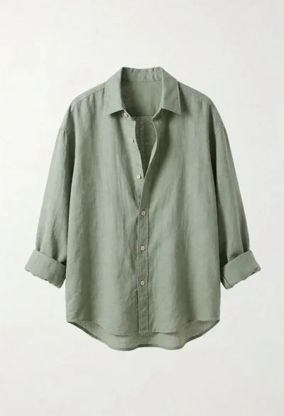 Sage green linen button up shirt displayed on white background for product