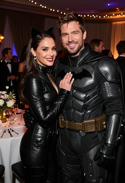 Glamorous couple in catwoman and batman costumes at an indoor party