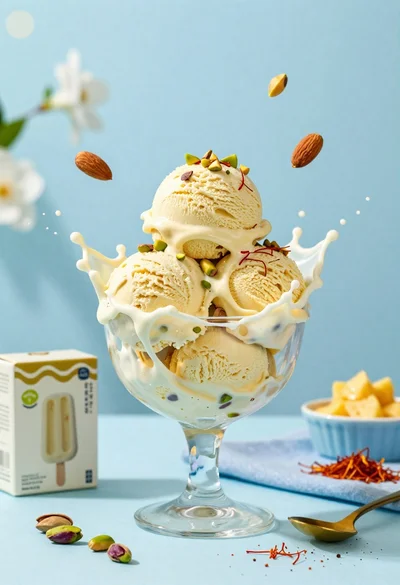 Creamy pistachio ice cream splash in glass bowl with blue background