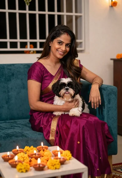 Smiling woman in magenta saree with dog near lit oil lamps indoors