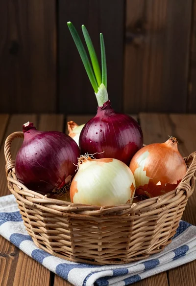 Close up still life of onions in a wicker basket on striped